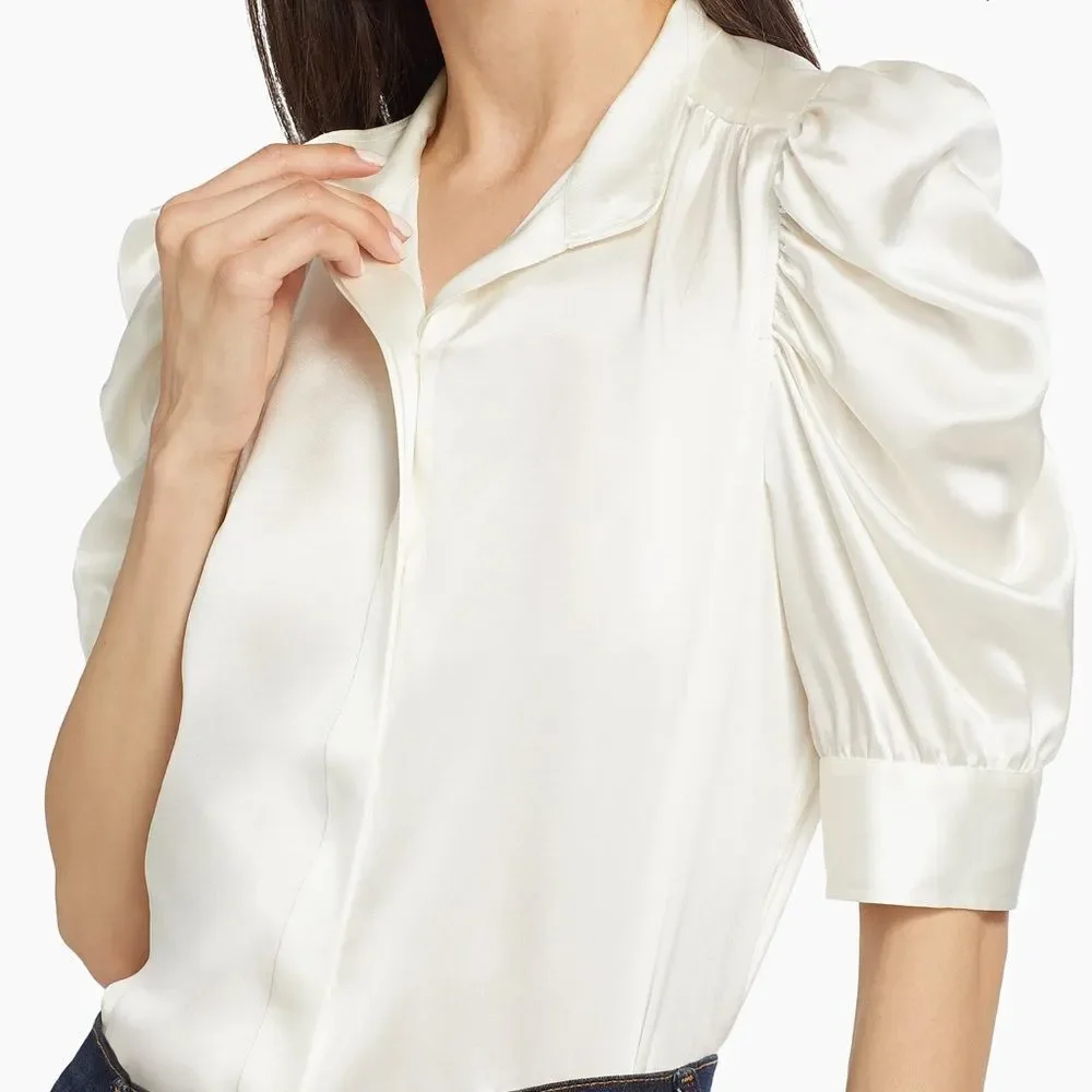 FRAME Gilian 100% Silk Puff-sleeve Top In white size small
